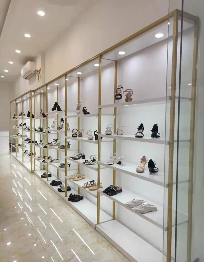 Boutique Bag Store Metal Bag Shoe Display Stands Modern Stainless Steel Wall Mounted Led Shoe Rack For Retail Shop