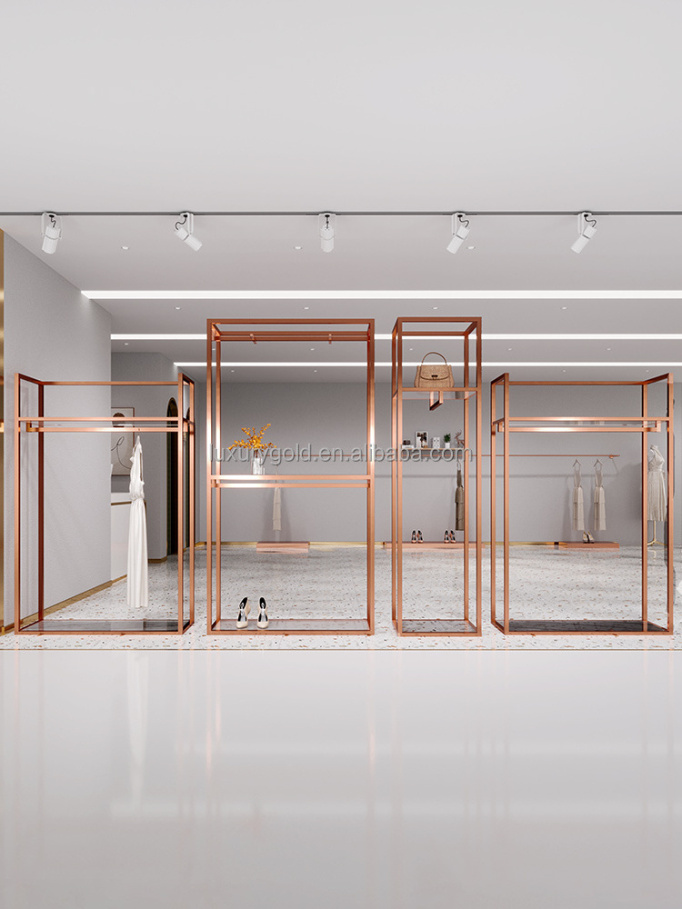 Customize Commercial Double Layers Clothing Rack Modern Clothes Shop Shelf Boutique Rose Gold Clothes Display Rack for Shop