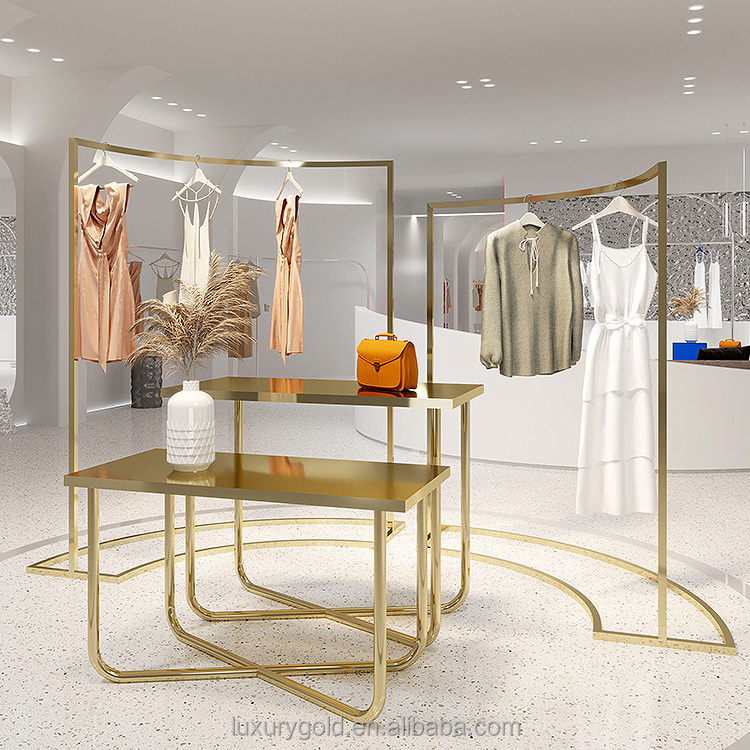 Customize Garment Shelves Women Clothes Stand Display Table Luxury Stainless Steel Gold Clothing Display Racks for Boutique Shop