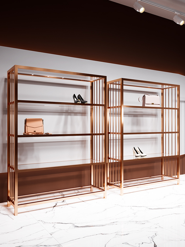 Store Commercial Stainless Steel Shoe Display Stand Shelf Rose Gold Bag Display Racks Shelf for Clothing Shop