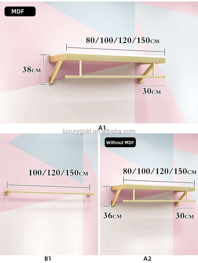 Stainless Steel Wall Mounted Kids Clothing Rack Metal Shiny Gold Children Clothes Stand Boutique Cloth Store Shelves Display