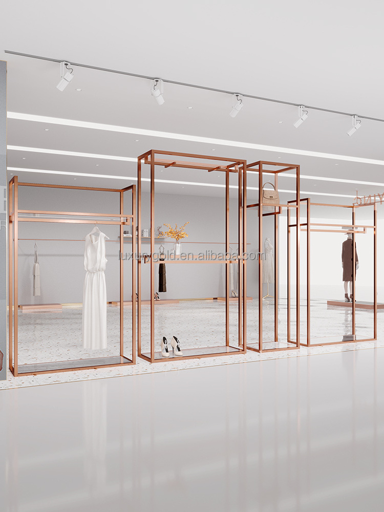 Customize Commercial Double Layers Clothing Rack Modern Clothes Shop Shelf Boutique Rose Gold Clothes Display Rack for Shop