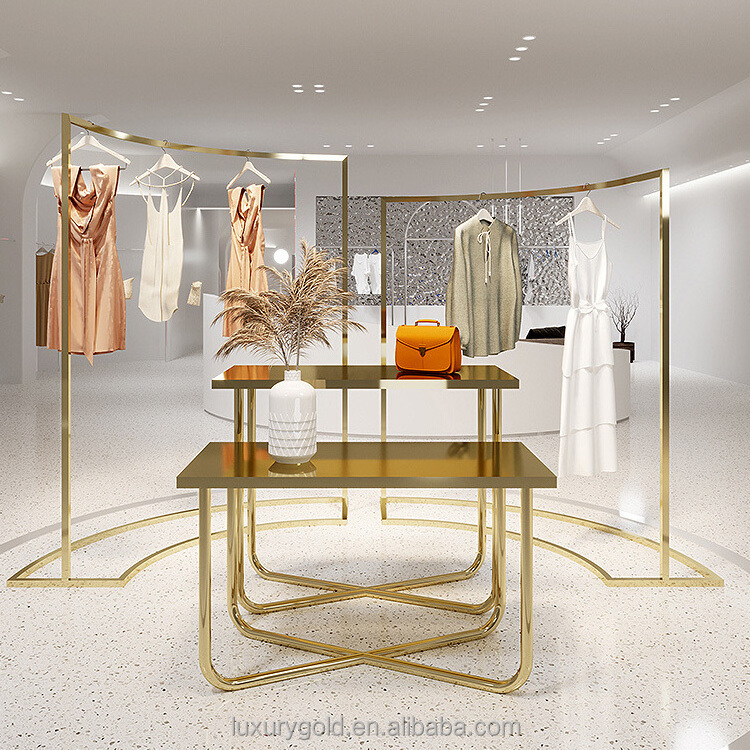 Customize Garment Shelves Women Clothes Stand Display Table Luxury Stainless Steel Gold Clothing Display Racks for Boutique Shop