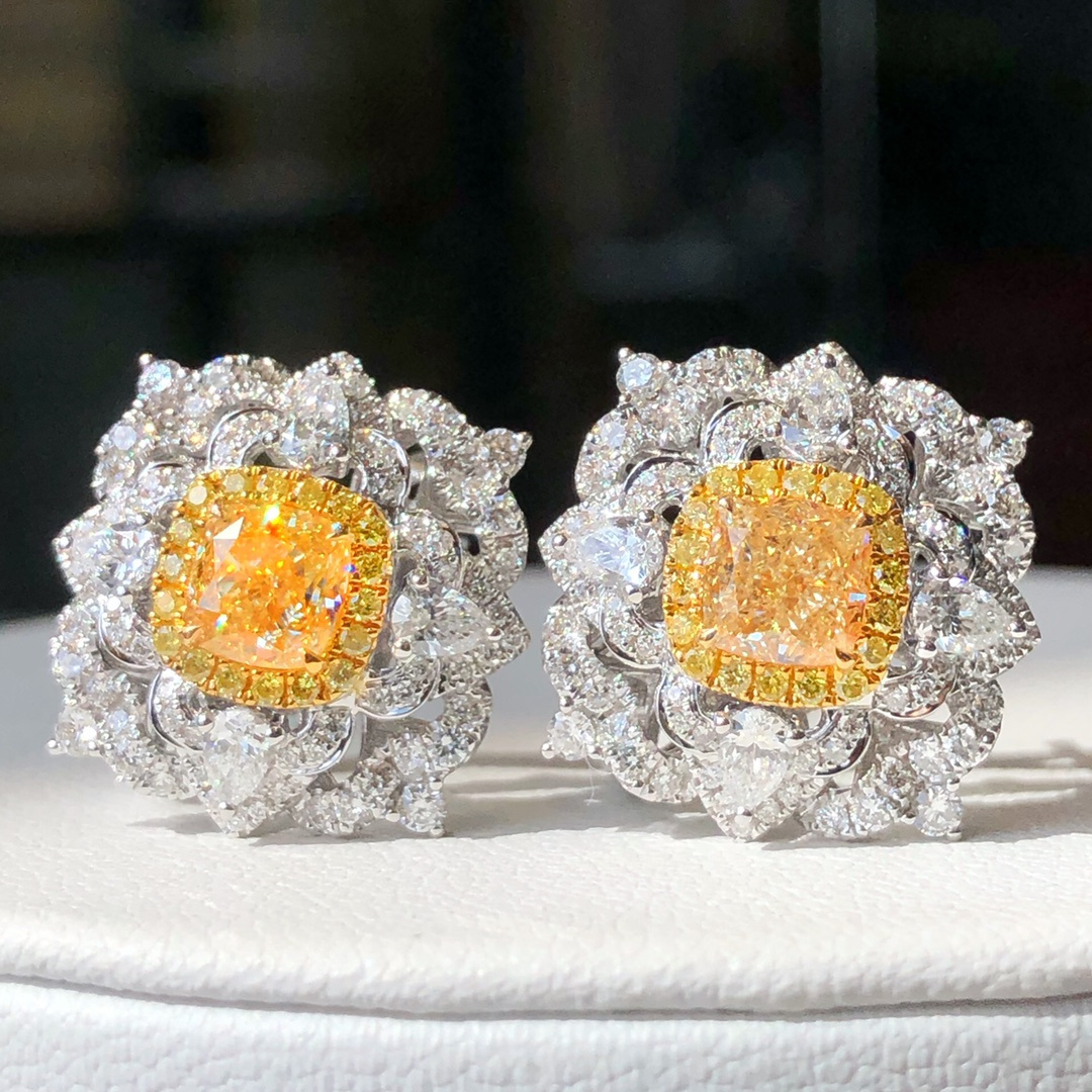 Luxury Shine Girl High End Fine Jewelry Elegant Gorgeous 18K White Gold 2.12ct+1.681ct Yellow Diamond Earrings