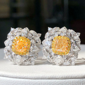 Luxury Shine Girl High End Fine Jewelry Elegant Gorgeous 18K White Gold 2.12ct+1.681ct Yellow Diamond Earrings