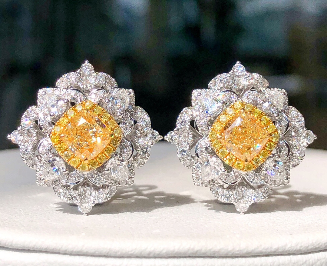 Luxury Shine Girl High End Fine Jewelry Elegant Gorgeous 18K White Gold 2.12ct+1.681ct Yellow Diamond Earrings