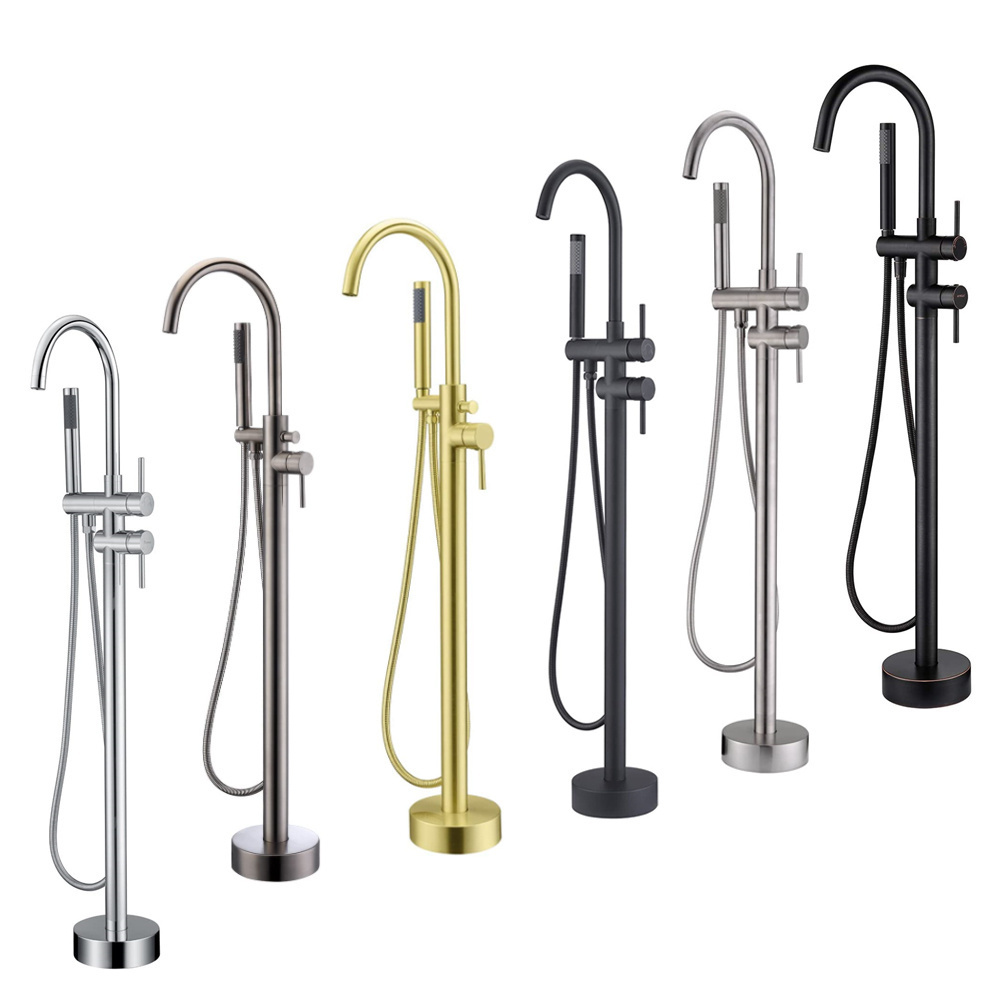 Freestanding Tub Filler Waterfall Bathtub Faucet Chrome Floor Mount Brass Single Handle Bathroom Faucets with Hand Shower