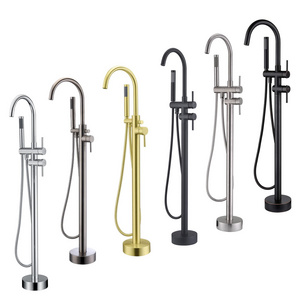 Freestanding Tub Filler Waterfall Bathtub Faucet Chrome Floor Mount Brass Single Handle Bathroom Faucets with Hand Shower