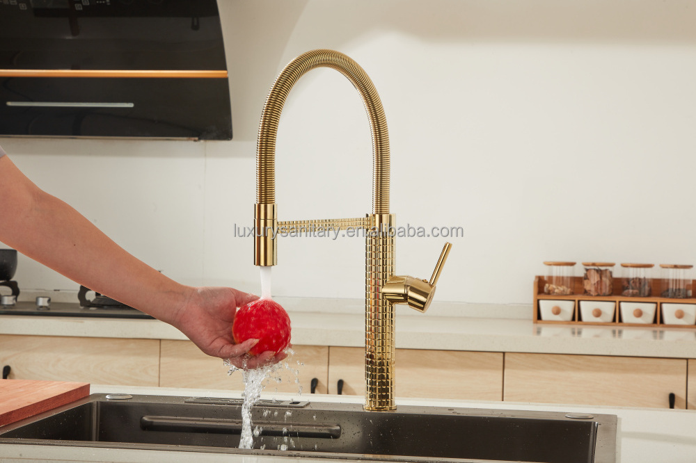 Luxury style high quality brass material gold color spring kitchen faucet