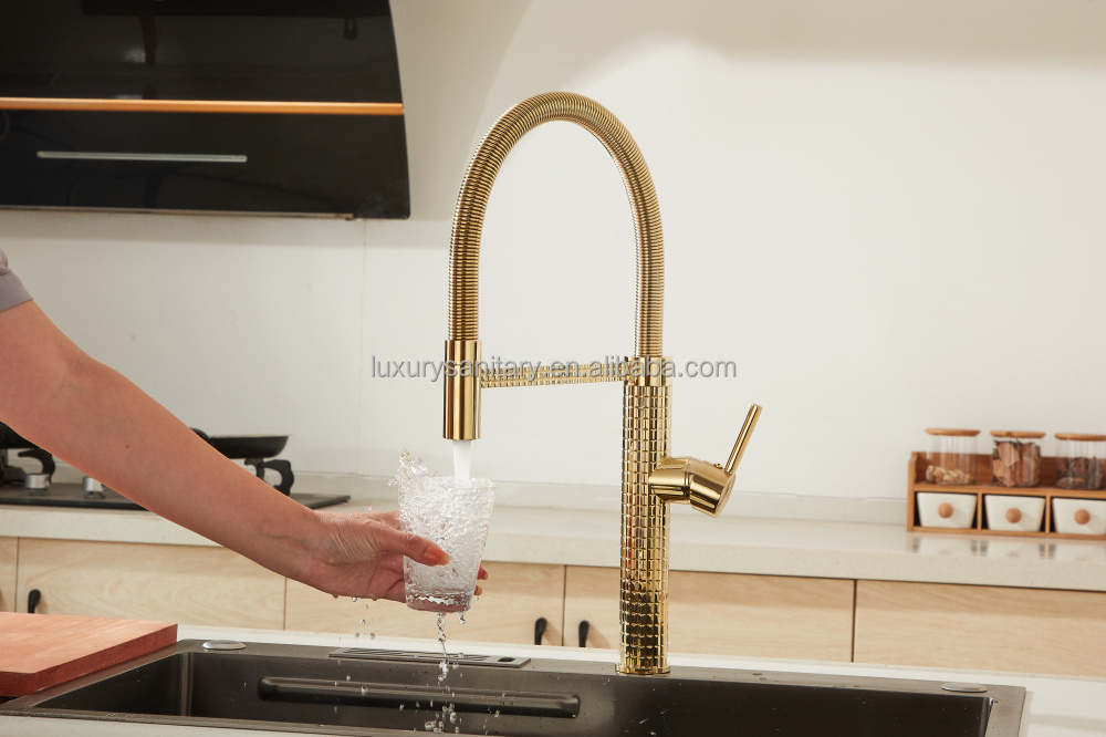 Luxury style high quality brass material gold color spring kitchen faucet