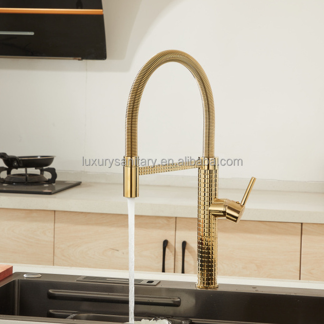 Luxury style high quality brass material gold color spring kitchen faucet