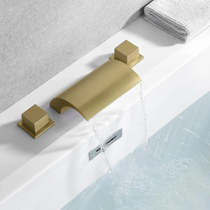 Bathroom Roman Tub Faucet with Waterfall Spout, 3 Hole Deck Mount Bath Tub Filler Brushed Gold