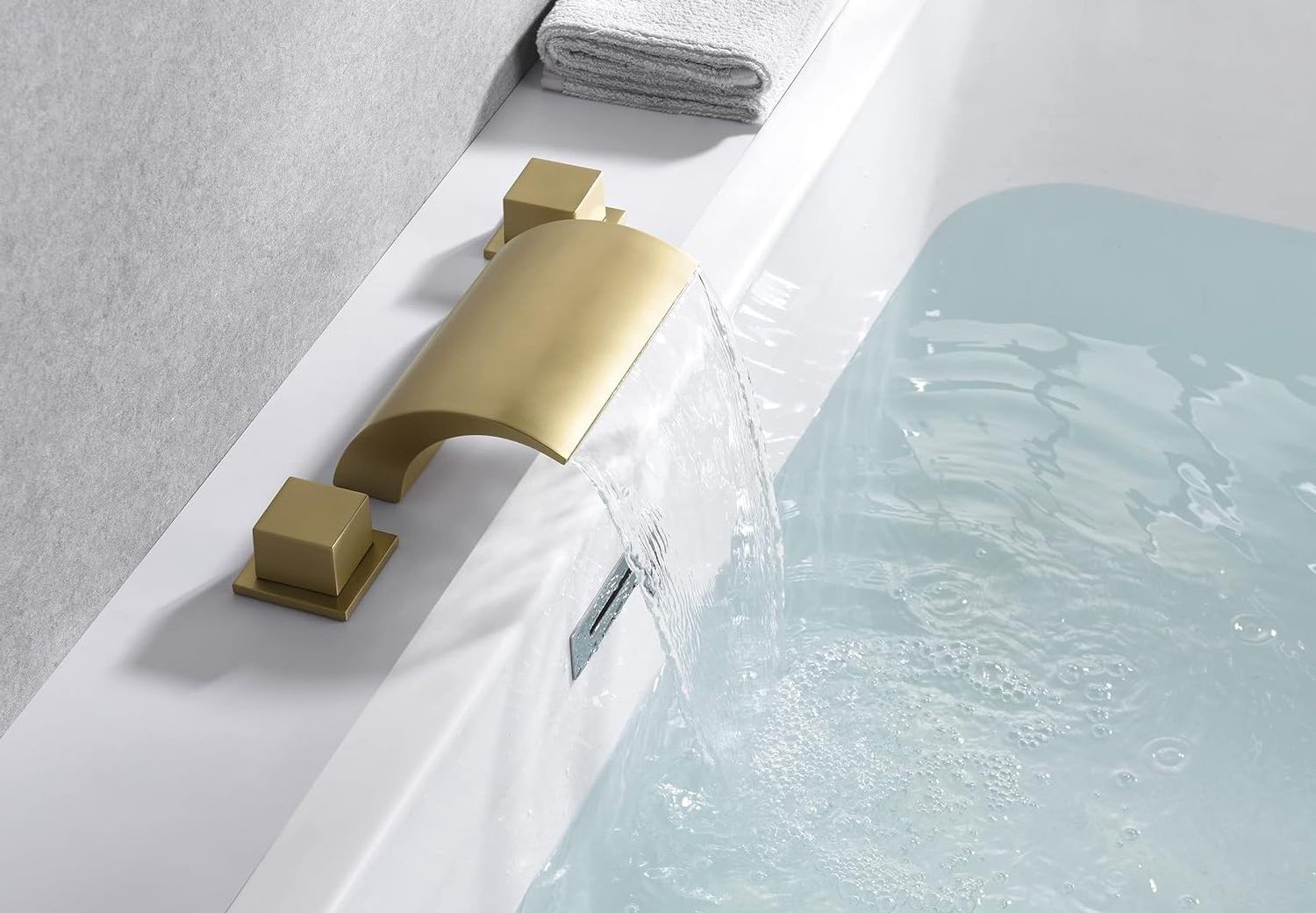 Bathroom Roman Tub Faucet with Waterfall Spout, 3 Hole Deck Mount Bath Tub Filler Brushed Gold