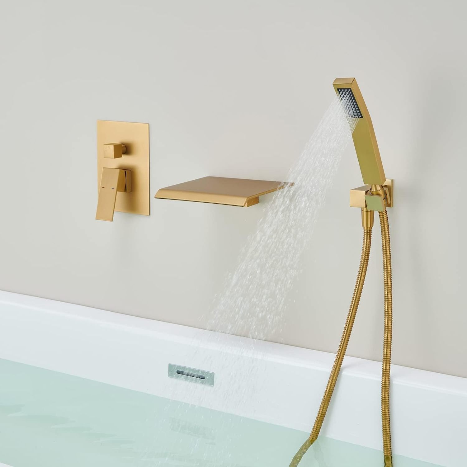 Waterfall Tub Faucet Wall Mount Tub Filler Brushed Gold Bathtub Faucet Brass Single Handle Bathroom Faucet with Hand Shower