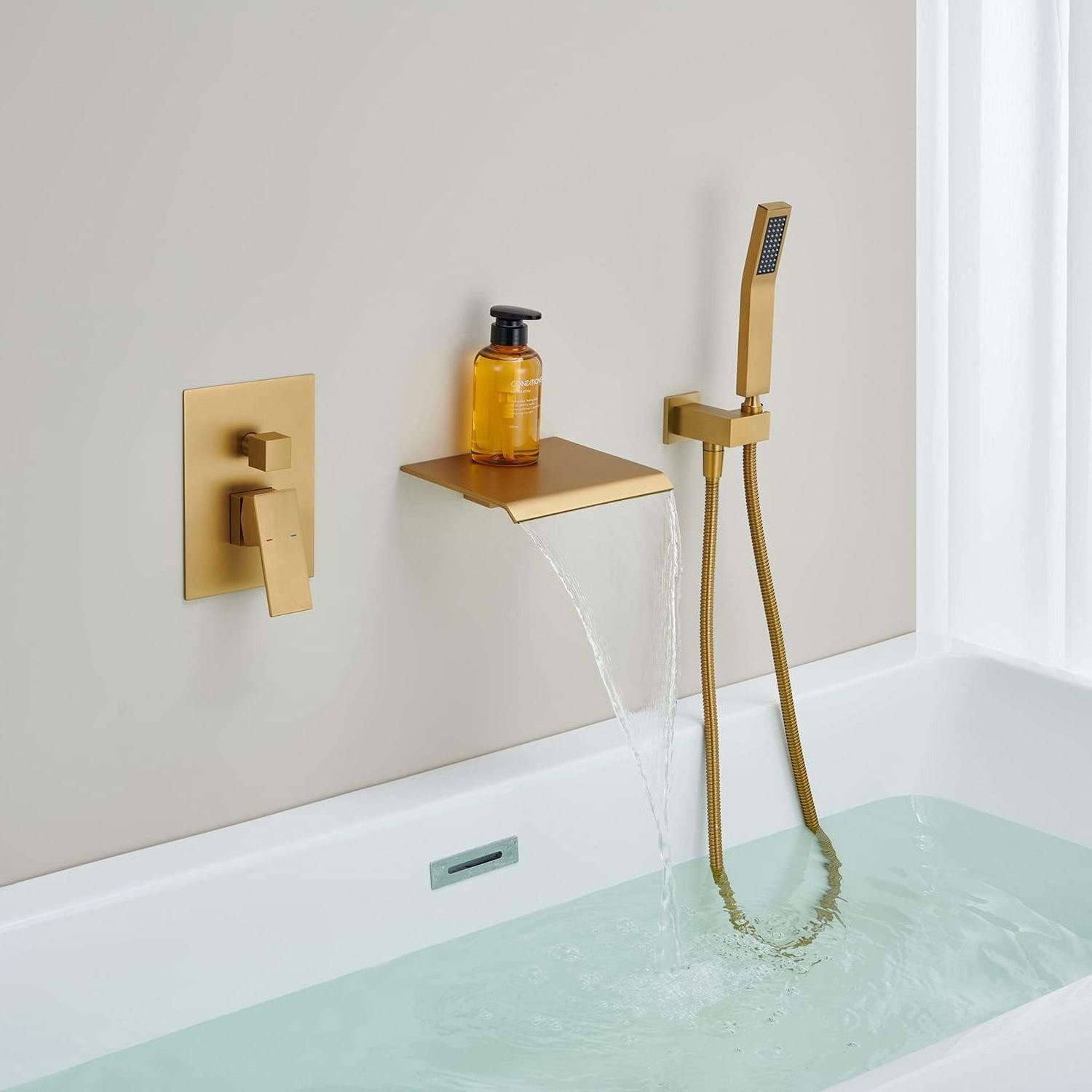 Waterfall Tub Faucet Wall Mount Tub Filler Brushed Gold Bathtub Faucet Brass Single Handle Bathroom Faucet with Hand Shower