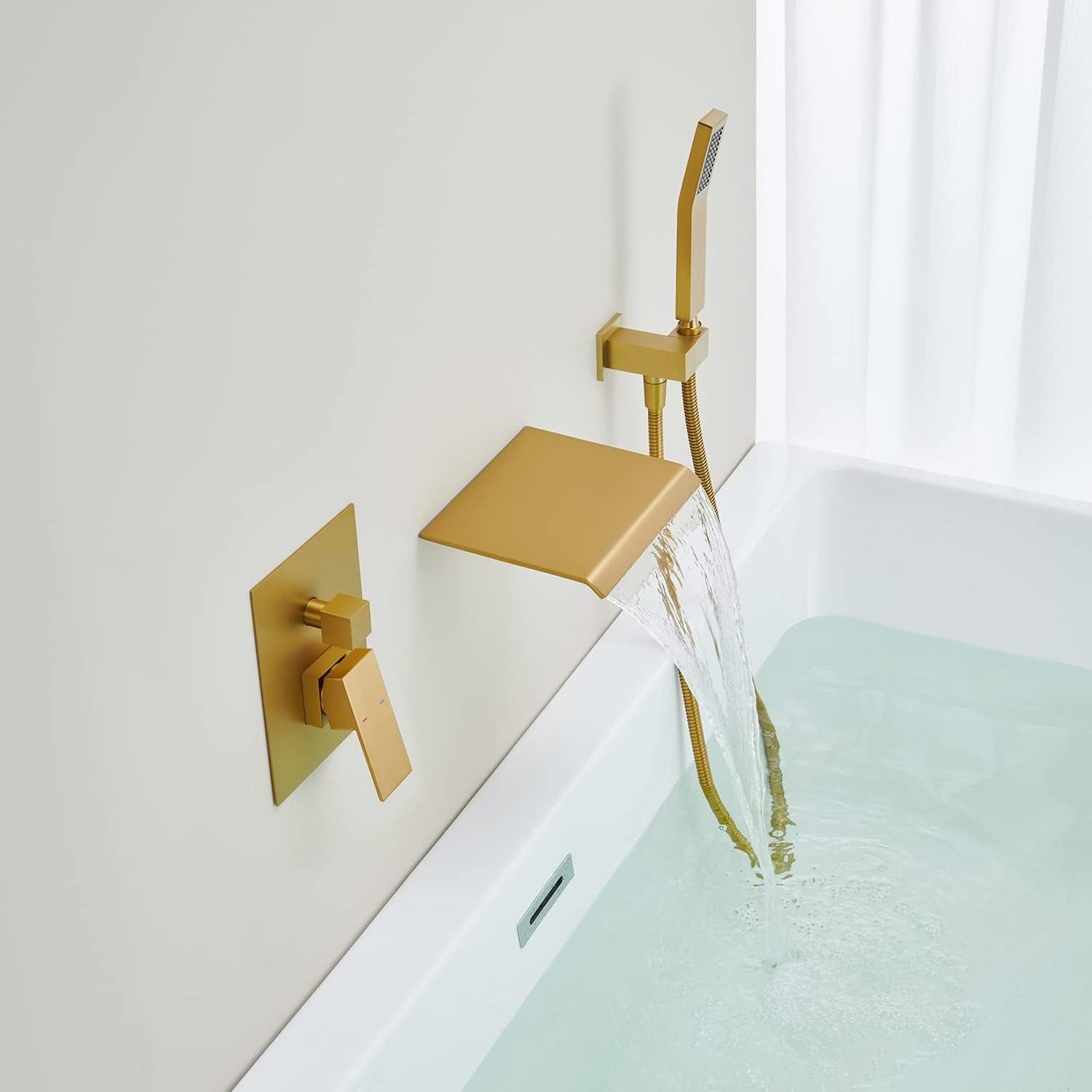 Waterfall Tub Faucet Wall Mount Tub Filler Brushed Gold Bathtub Faucet Brass Single Handle Bathroom Faucet with Hand Shower