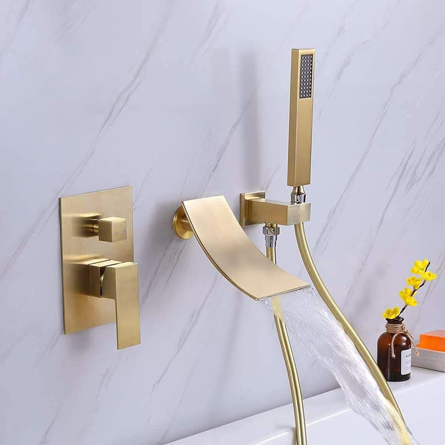 Wall Mount Bathtub Faucet , Solid Brass Tub Shower Faucet Set Bathroom Waterfall Tub Filler Rough-in Valve Trim Kit, Brushed Gol