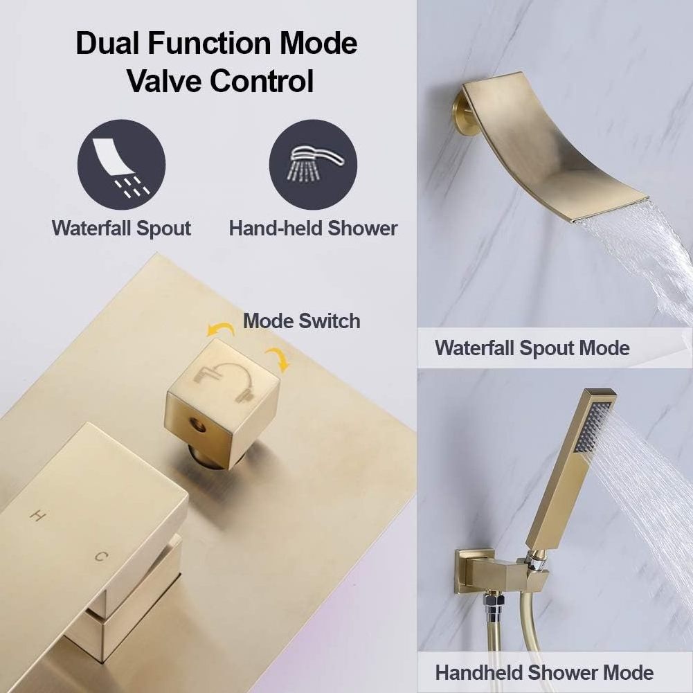 Wall Mount Bathtub Faucet , Solid Brass Tub Shower Faucet Set Bathroom Waterfall Tub Filler Rough-in Valve Trim Kit, Brushed Gol