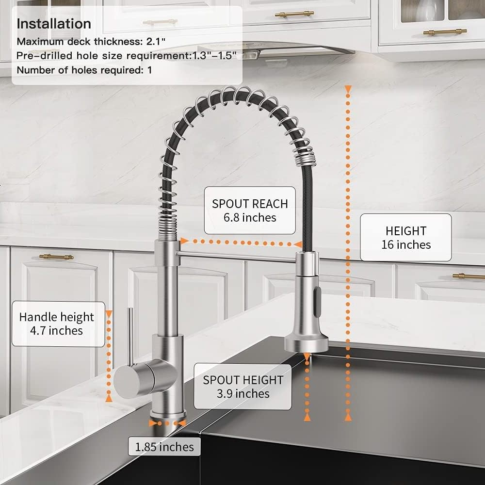 Kitchen Faucet with Pull Down Sprayer Industrial 1 Handle 1 Hole Or 3 Hole Faucet for Wet Sinks, Stainless Steel Brushed Nickel