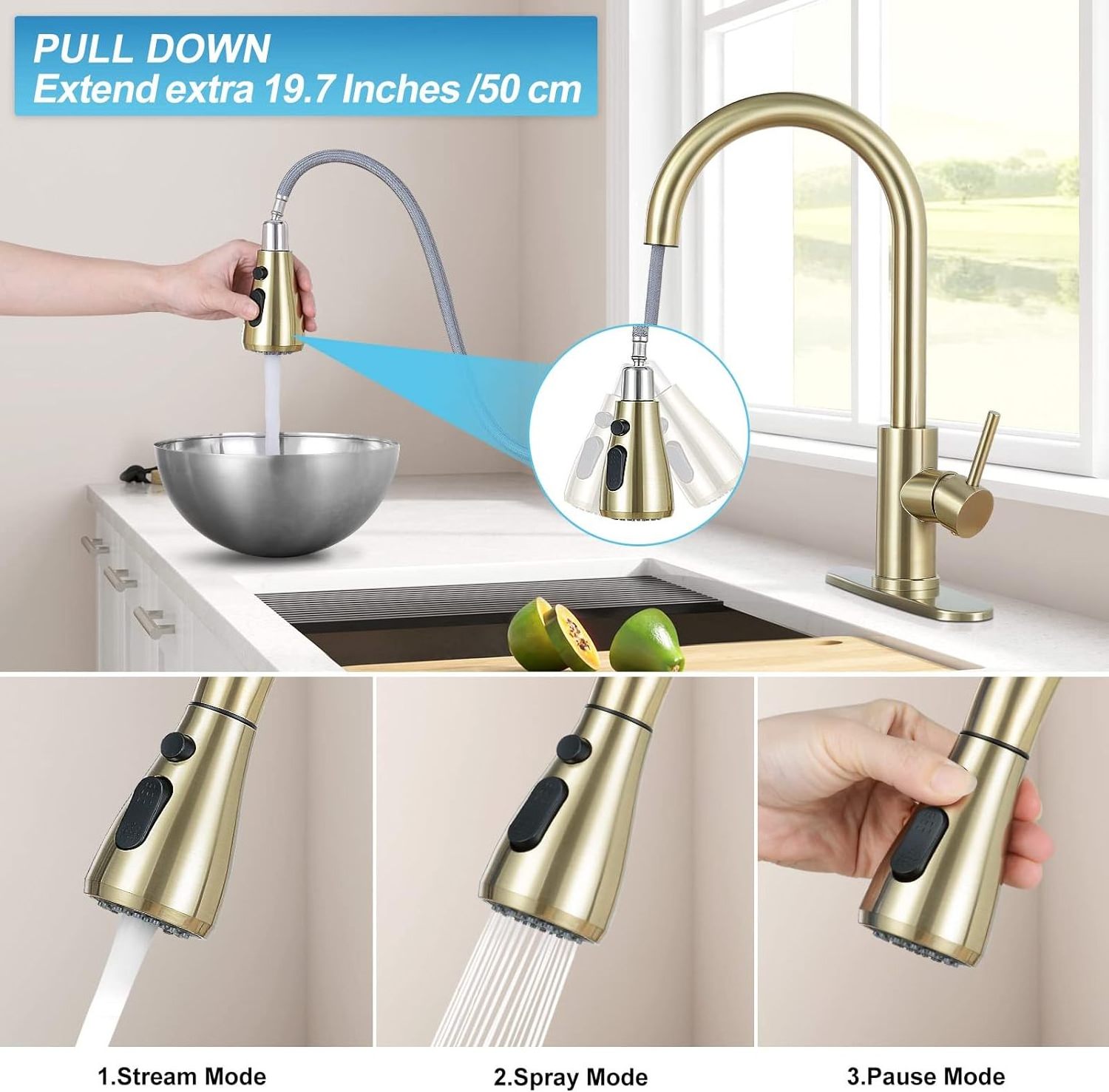 brushed Gold Kitchen Faucet with Pull Down Sprayer, Single Handle RV Kitchen Sink Faucet with Pull Out Sprayer