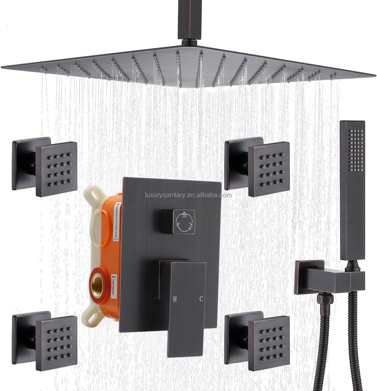 Oil Rubbed Bronze Rain Shower System with Body Spray, Ceiling Rainfall Shower Faucet Complete Kit with 3-way Diverter Val