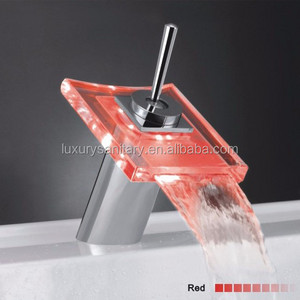 3 color change by water temperature brass glass chrome waterfall wash basin shining lighting faucet mixer tap Bacia torneira