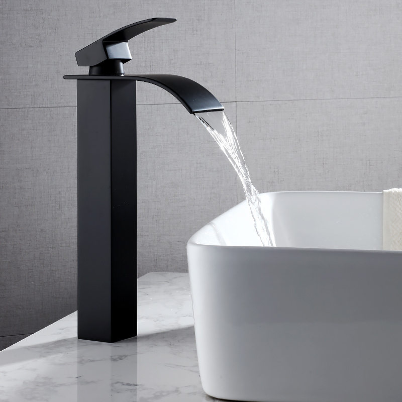 high quality black waterfall faucet tap bathroom vessel sink faucet modern square faucet