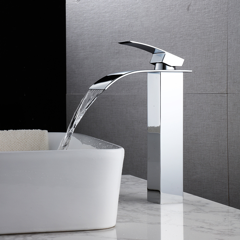 high quality silver color brass modern waterfall tall bathroom sinks faucets basin faucet