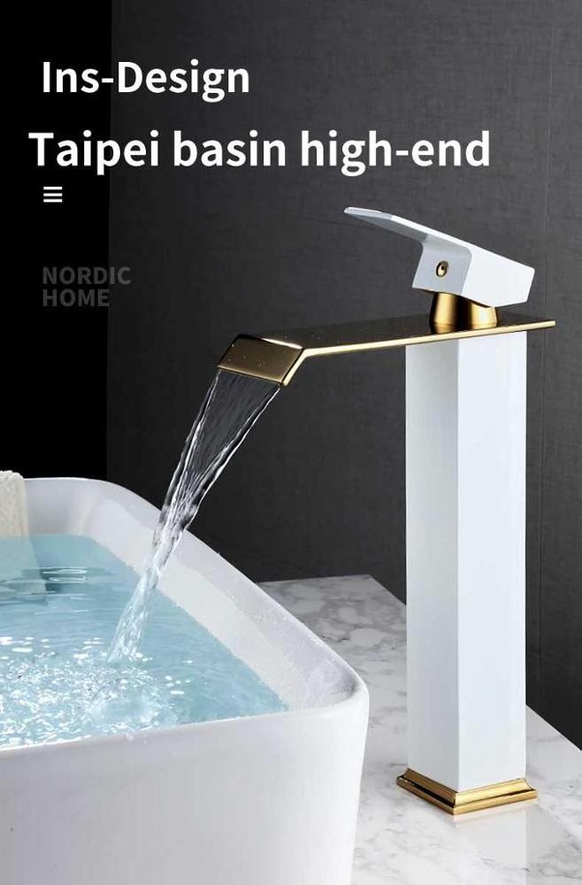 Luxury home fashion style high quality white gold basin faucets black gold color waterfall bathroom faucet