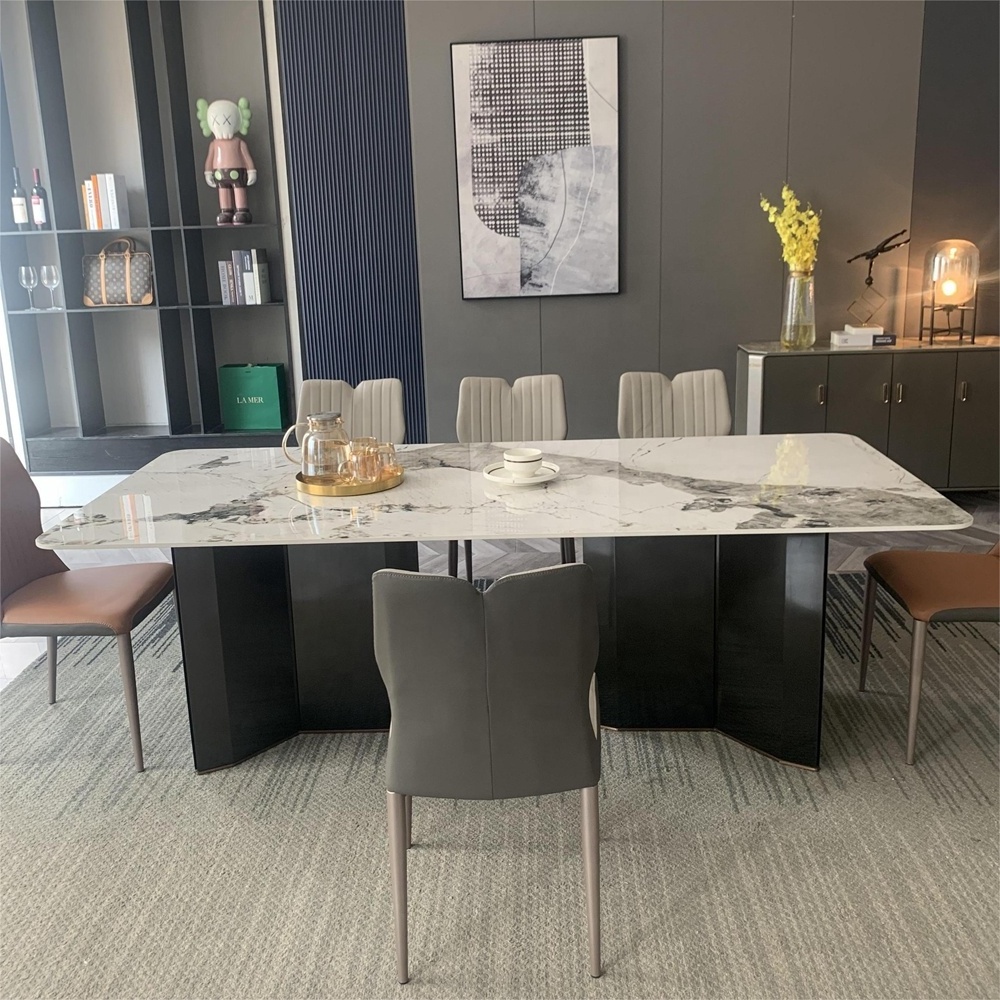 Modern luxury New design metal dining room furniture italian ceramic marble dining table with chair villa large dining table set