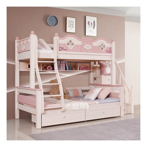 New design Solid Wood child bedroom furniture bunk bed with slide and stair modern luxury princess kids bunk bed for children