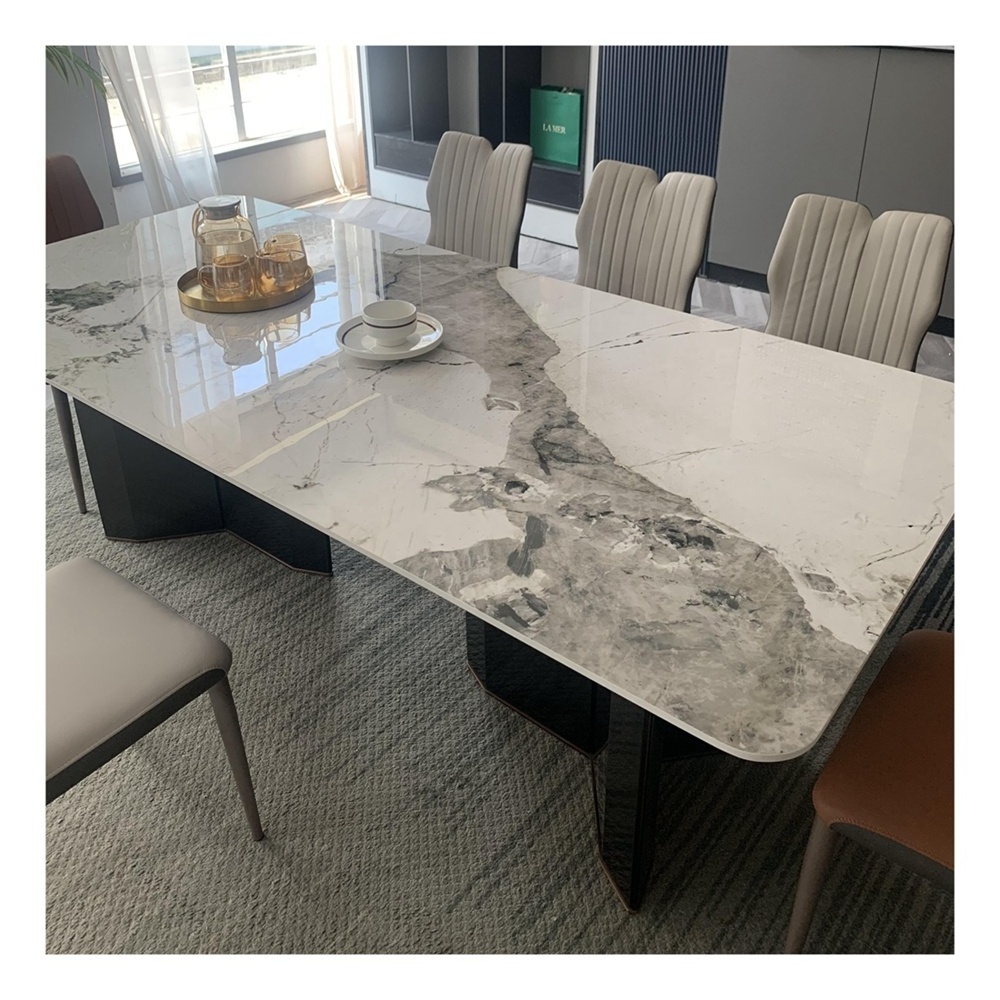 Modern luxury New design metal dining room furniture italian ceramic marble dining table with chair villa large dining table set