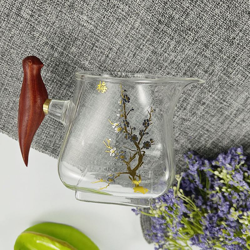 Modern security  glass teacup with wooden handle and plum blossom print tea cup bird teacup