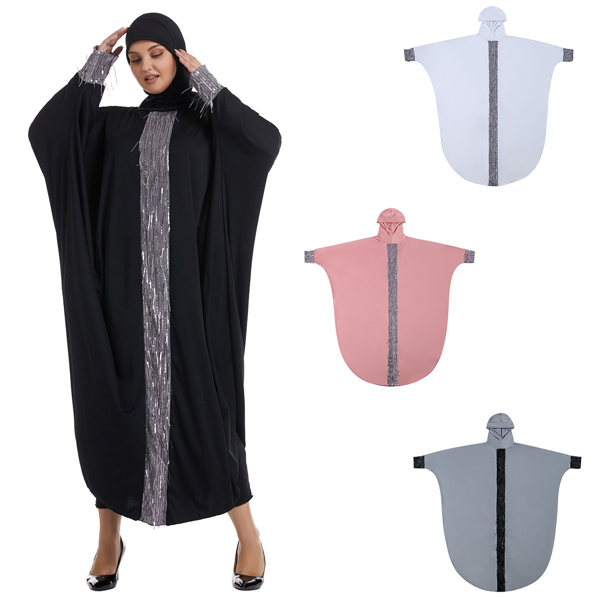 Plus Size Long Sleeve Maxi Muslim Dress Sequin Thobe With Hijab For Lady