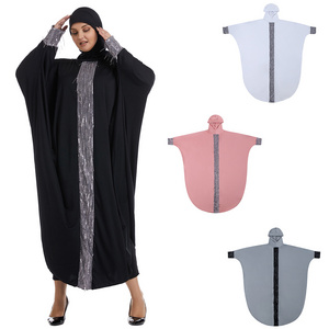 Plus Size Long Sleeve Maxi Muslim Dress Sequin Thobe With Hijab For Lady