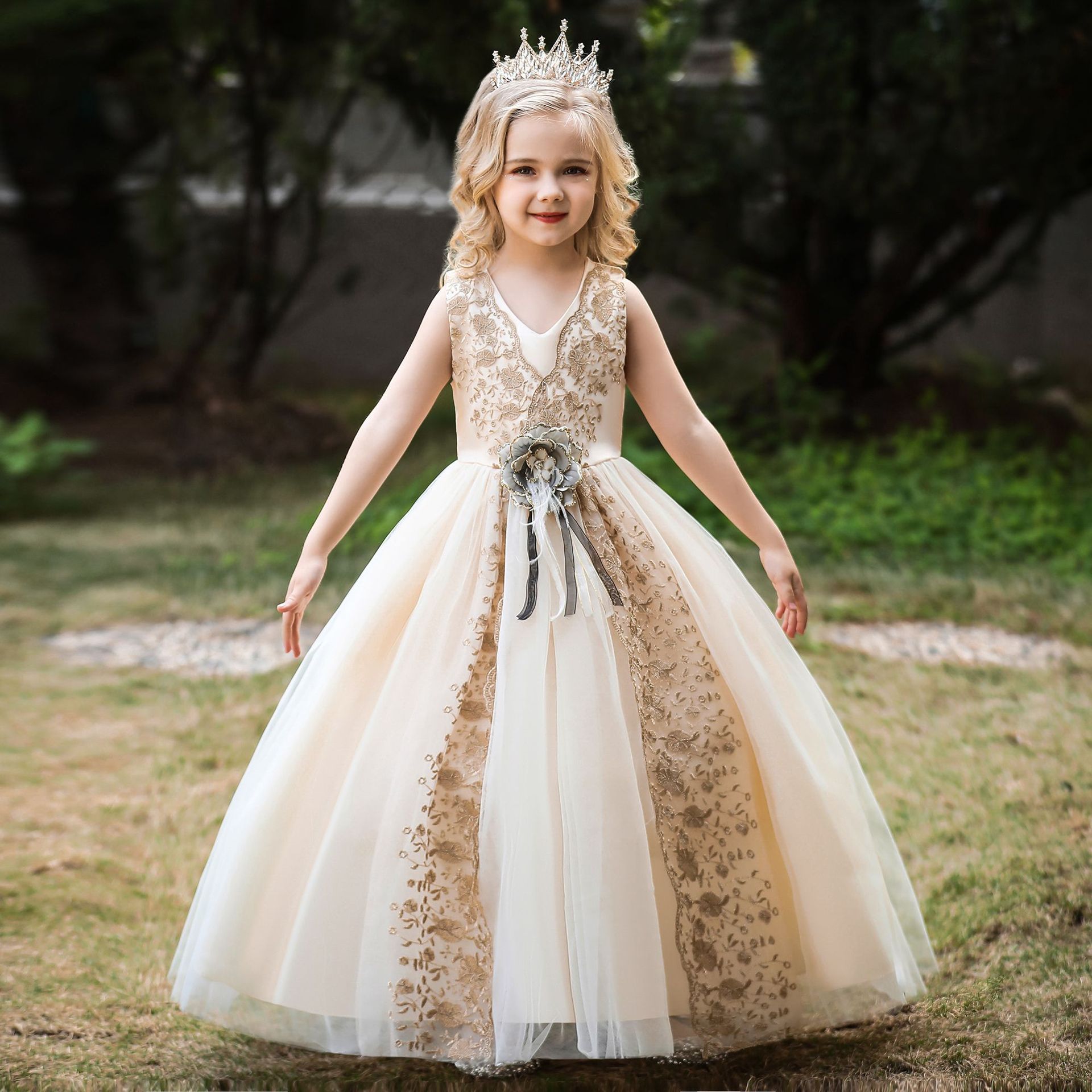 Elegant Tulle Dress For Girls Weddings Embroidery Ball Gown Birthday Sleeveless Princess Dress For Girls Party Dress