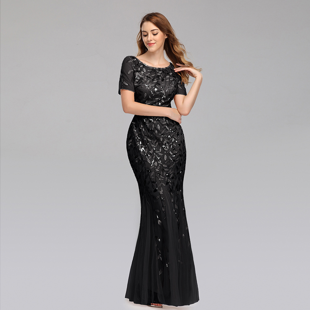 Customization Banquet Designer Slim Fit Short Sleeves Sequins Evening Dress Custom Made Party Dress For Women