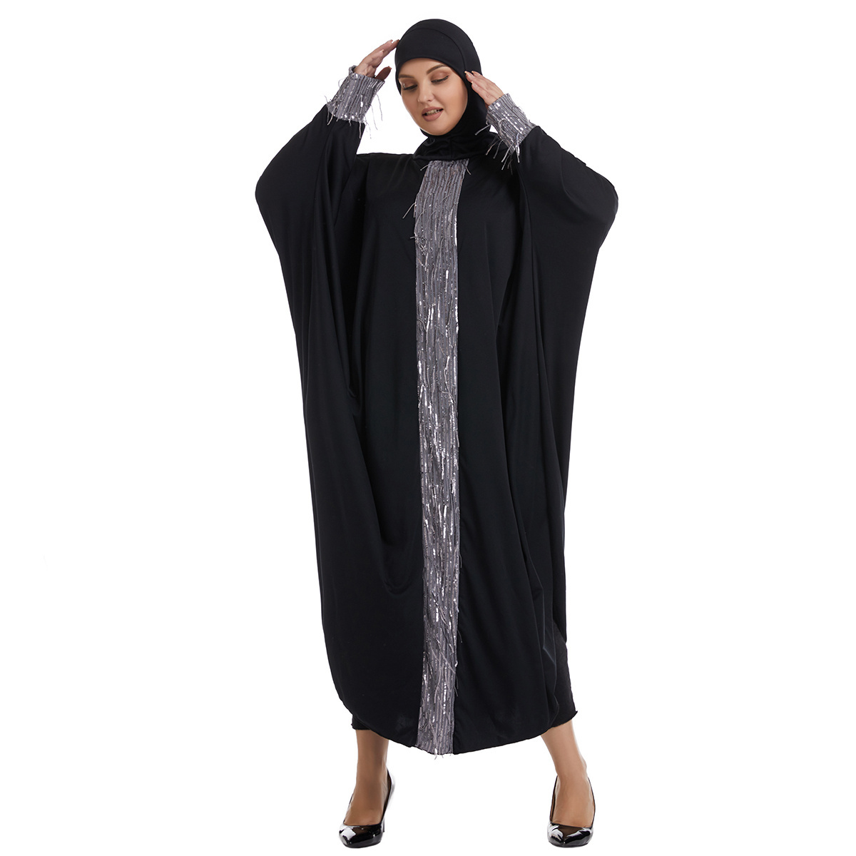 Plus Size Long Sleeve Maxi Muslim Dress Sequin Thobe With Hijab For Lady