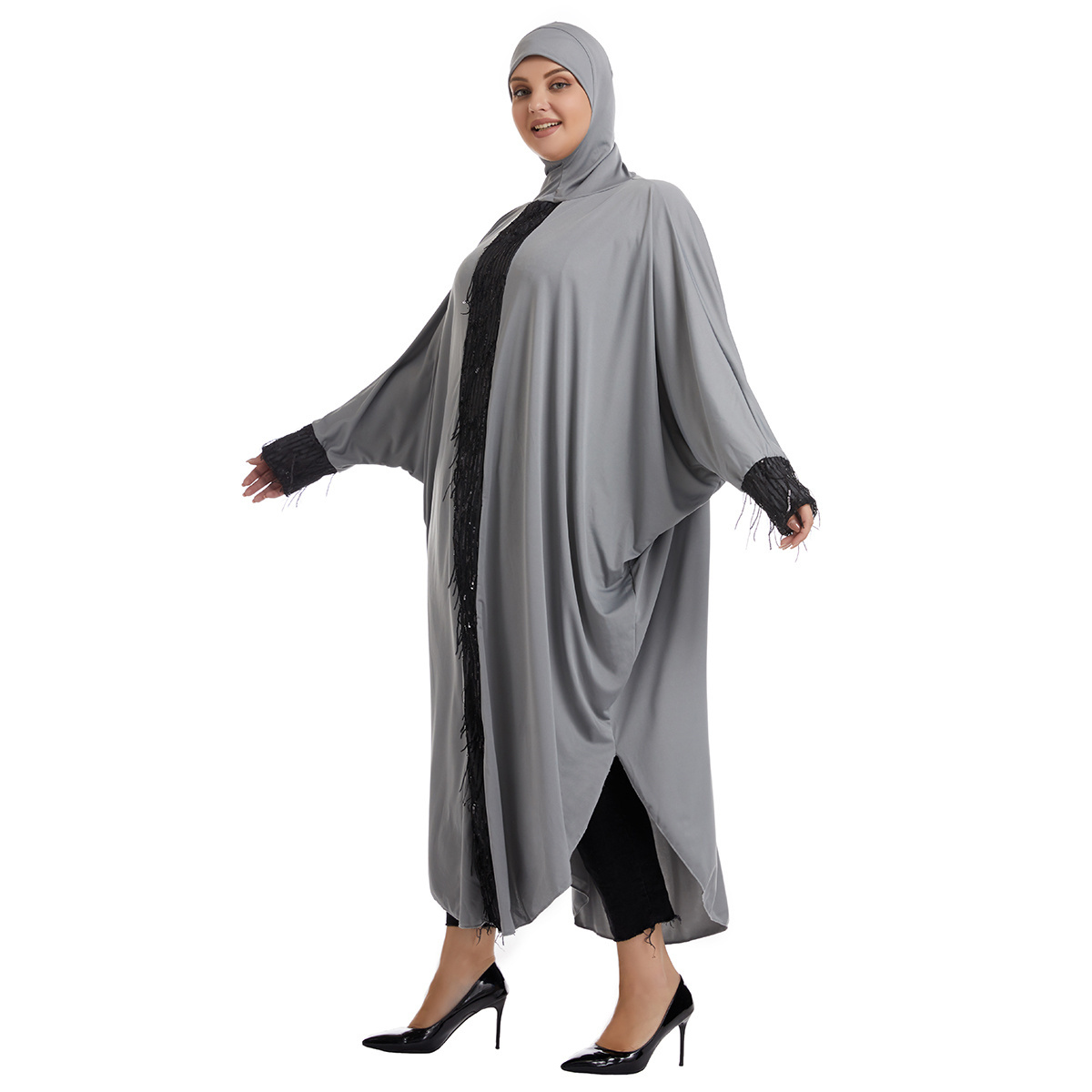 Plus Size Long Sleeve Maxi Muslim Dress Sequin Thobe With Hijab For Lady