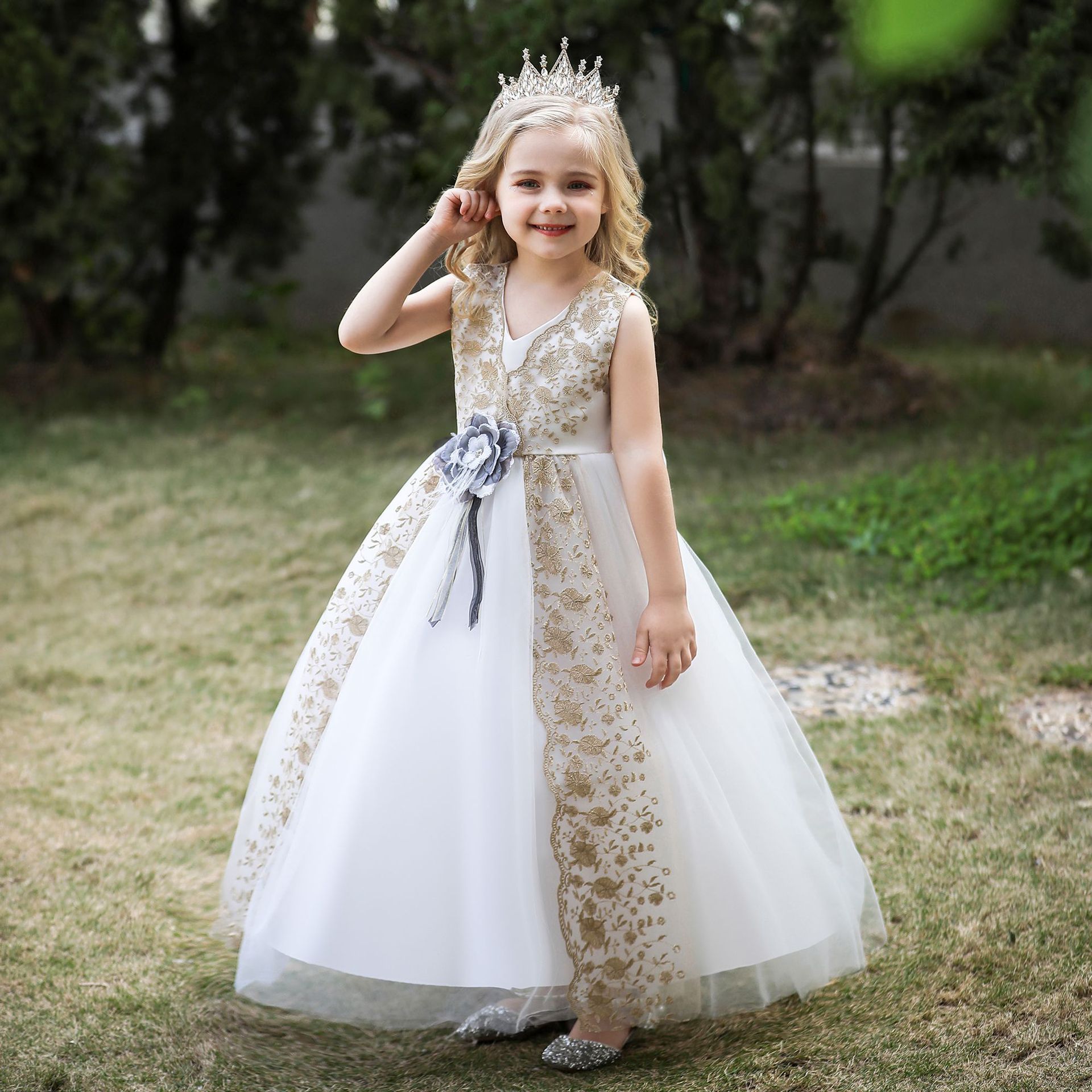 Elegant Tulle Dress For Girls Weddings Embroidery Ball Gown Birthday Sleeveless Princess Dress For Girls Party Dress