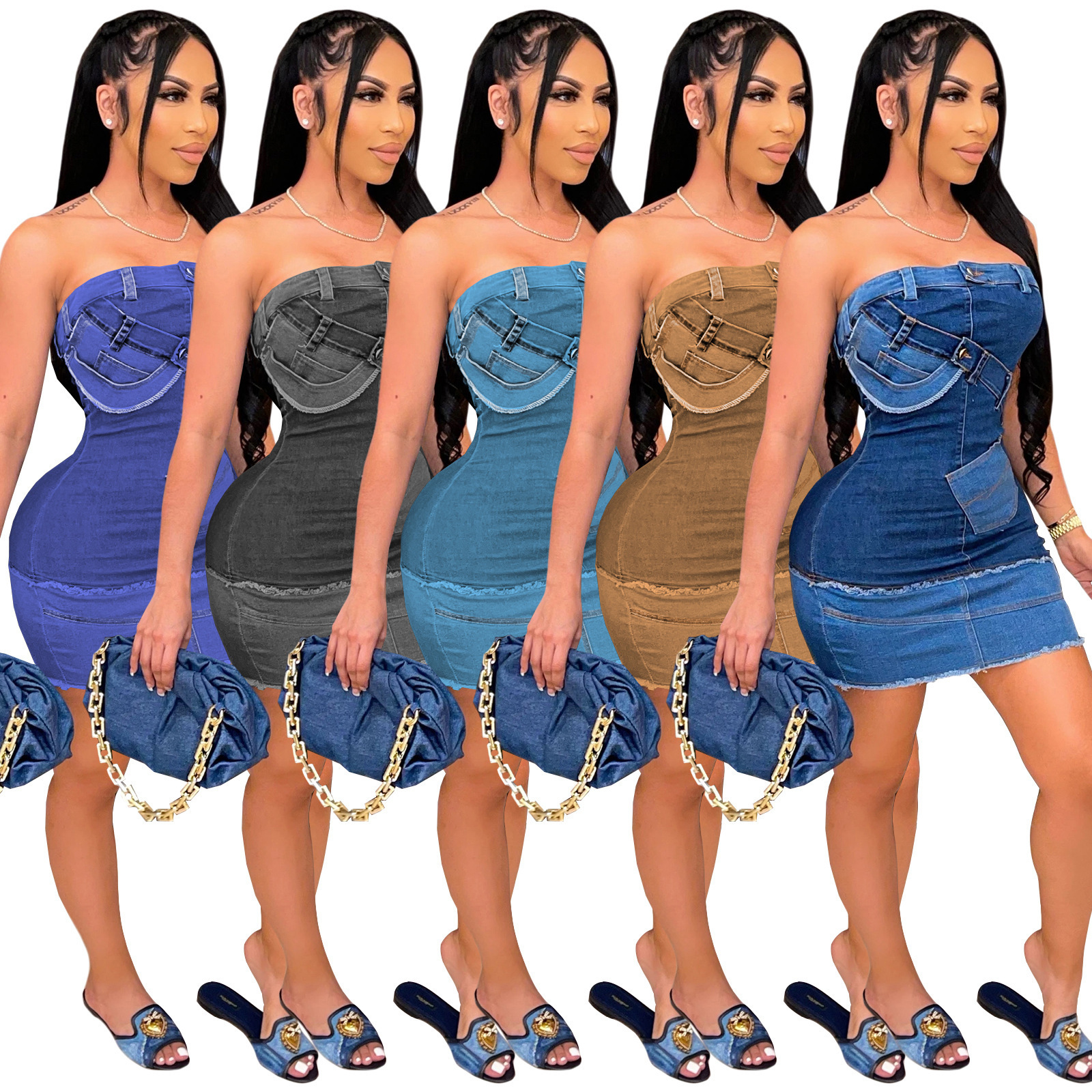 E-SZ8138 New Fashion Sexy Dresses Boob Tube Top Sleeveless Dress Printing Denim Mini Dress Women