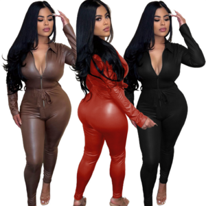 Sharee New Fashion Clothes Winter Jumpsuit Women Long Sleeve Faux Fur Leather Bodycon Jumpsuits