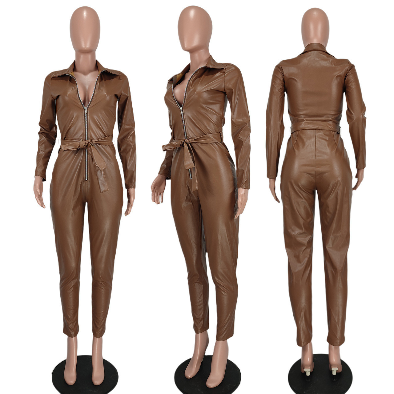 Sharee New Fashion Clothes Winter Jumpsuit Women Long Sleeve Faux Fur Leather Bodycon Jumpsuits