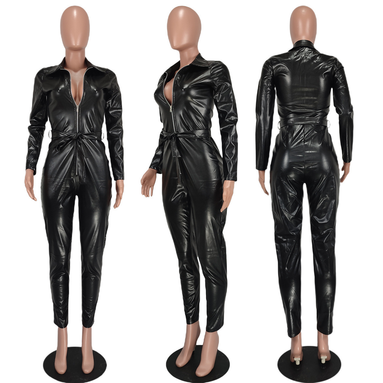 Sharee New Fashion Clothes Winter Jumpsuit Women Long Sleeve Faux Fur Leather Bodycon Jumpsuits