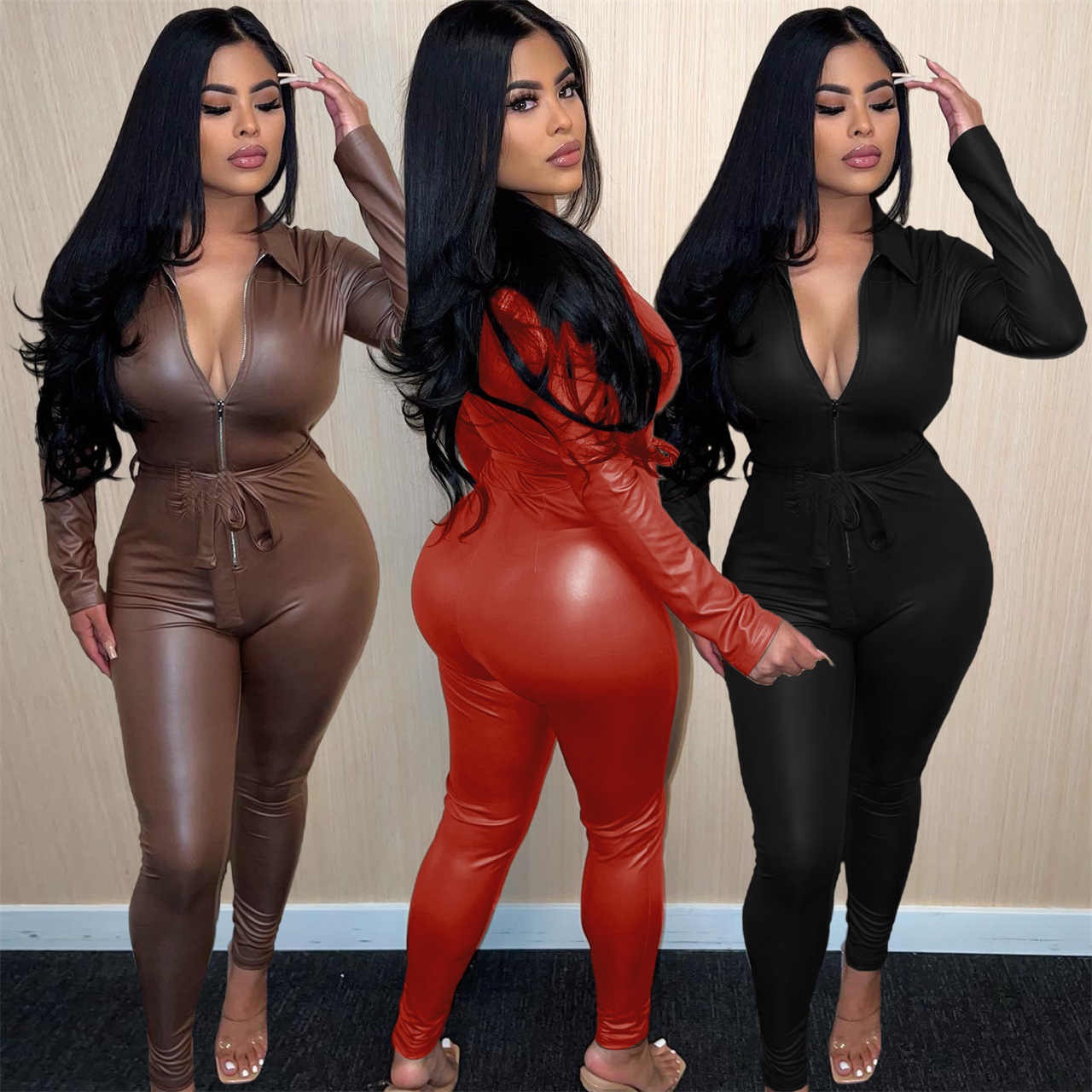 Sharee New Fashion Clothes Winter Jumpsuit Women Long Sleeve Faux Fur Leather Bodycon Jumpsuits