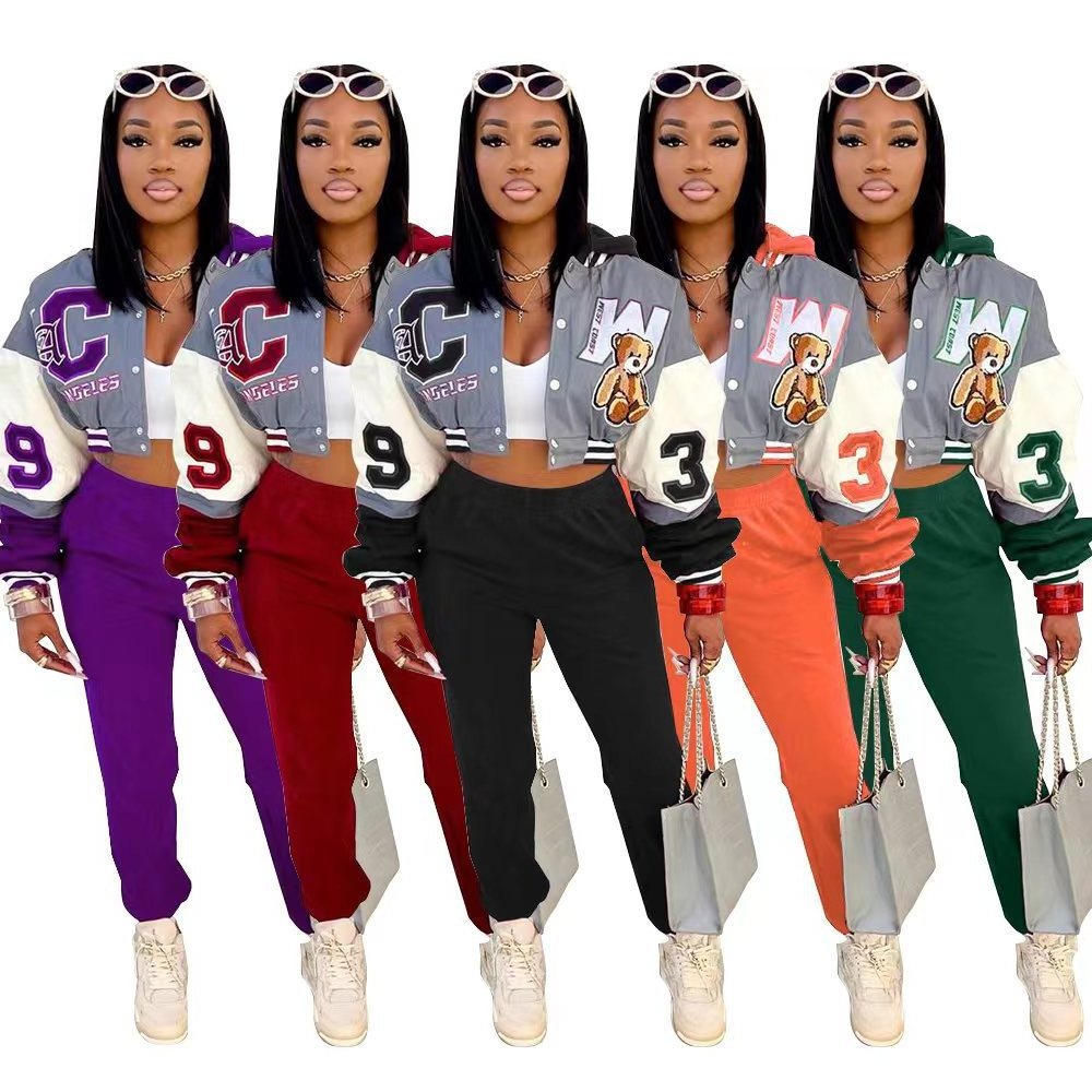 Sharee Casual 2 Pieces Sweatpants And Hoodie Set Cute Print Hoodie Cropped Baseball Jacket Match Sweatpants Women Two Piece Set