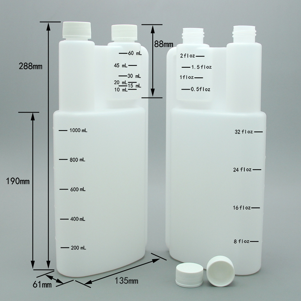 1000ml 32 oz Liquid Fertilizers Plastic Dispenser Twin Chamber Measuring Bottle With Double Neck