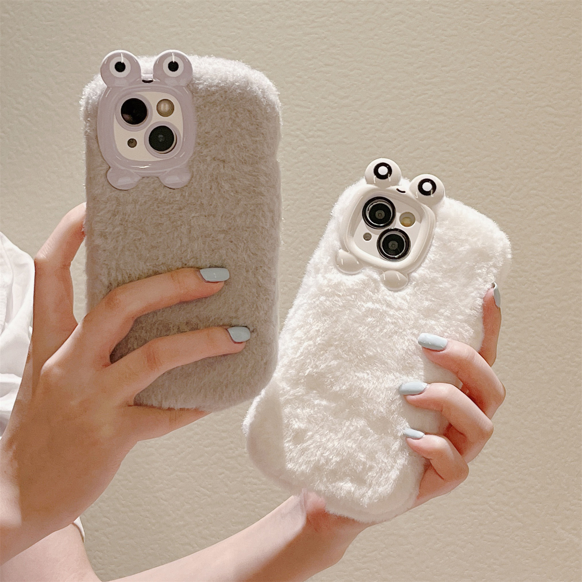 Fluffy cartoon frog eye hole small curly hair phone case for iphone Xr Xs 11 12 13 14 15 Pro Max Cell Cover