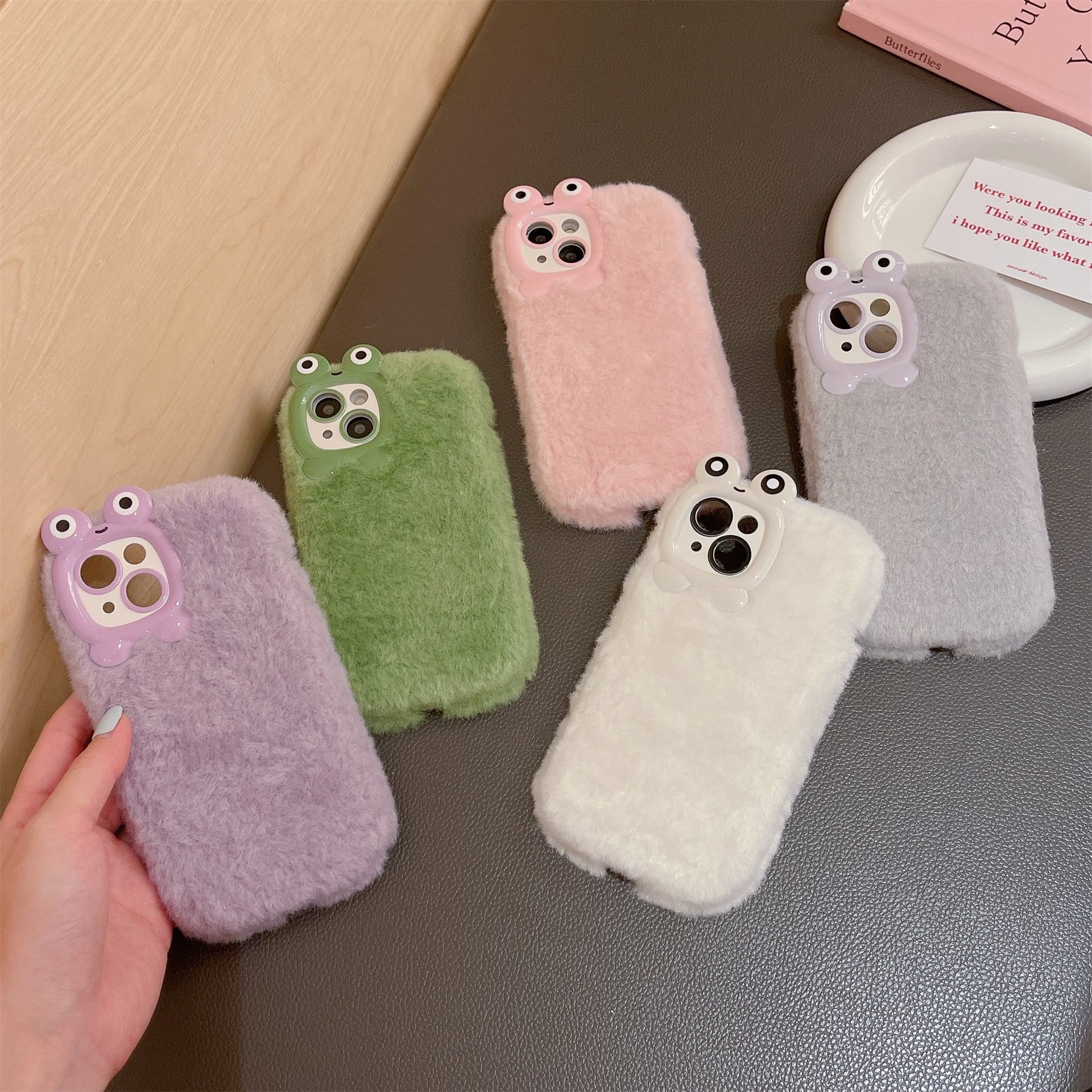 Fluffy cartoon frog eye hole small curly hair phone case for iphone Xr Xs 11 12 13 14 15 Pro Max Cell Cover