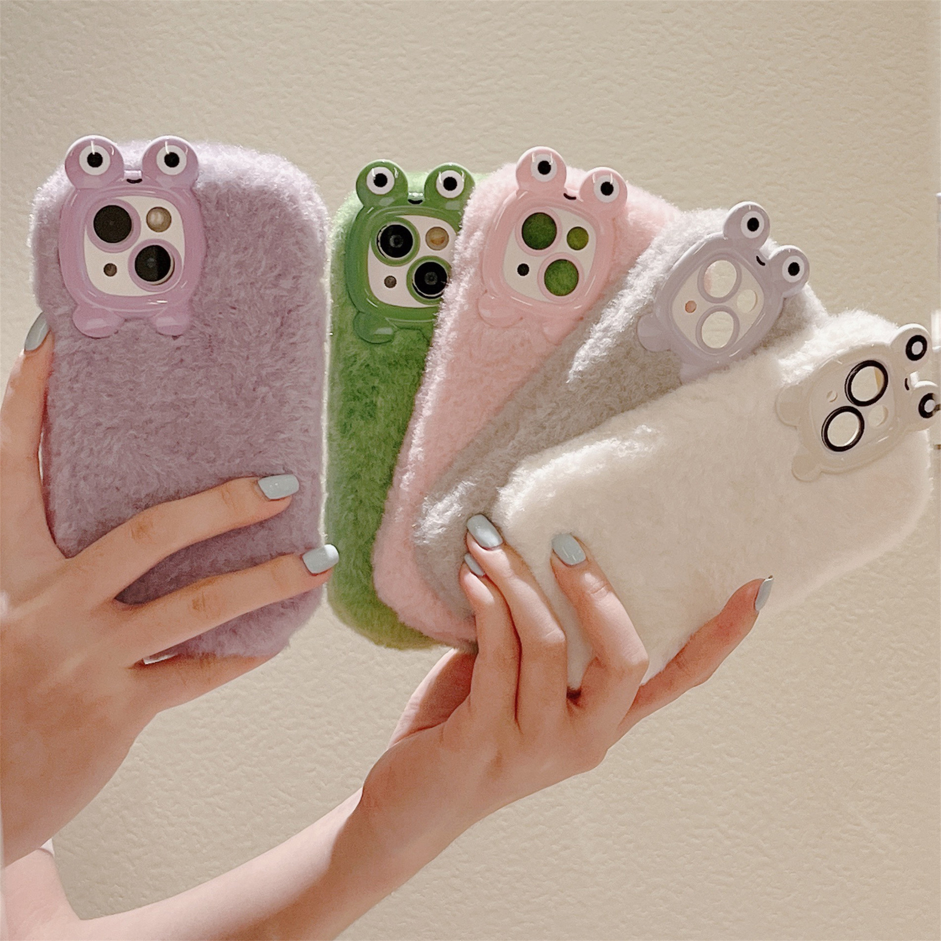 Fluffy cartoon frog eye hole small curly hair phone case for iphone Xr Xs 11 12 13 14 15 Pro Max Cell Cover